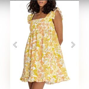 Girl and the Sun Izzy Short Sleeve Floral Mini Dress yellow pink medium ruffle